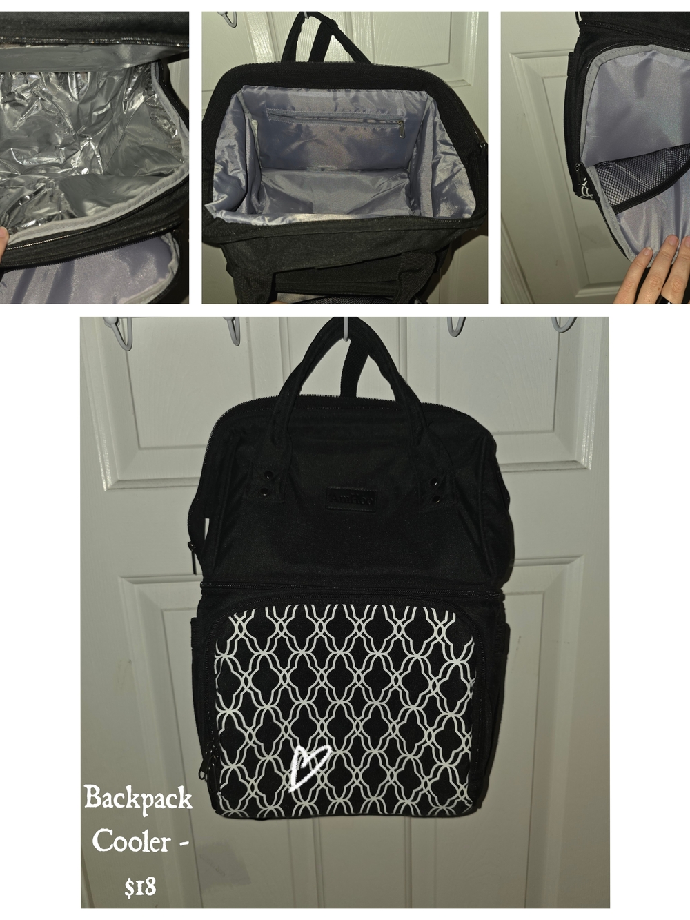 Black Insulated Backpack Cooler with White Geometric Front